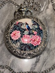 Silver Tone Enameled Flower & Bird Pendant/pocket Quartz Watch w/ Chain32”
