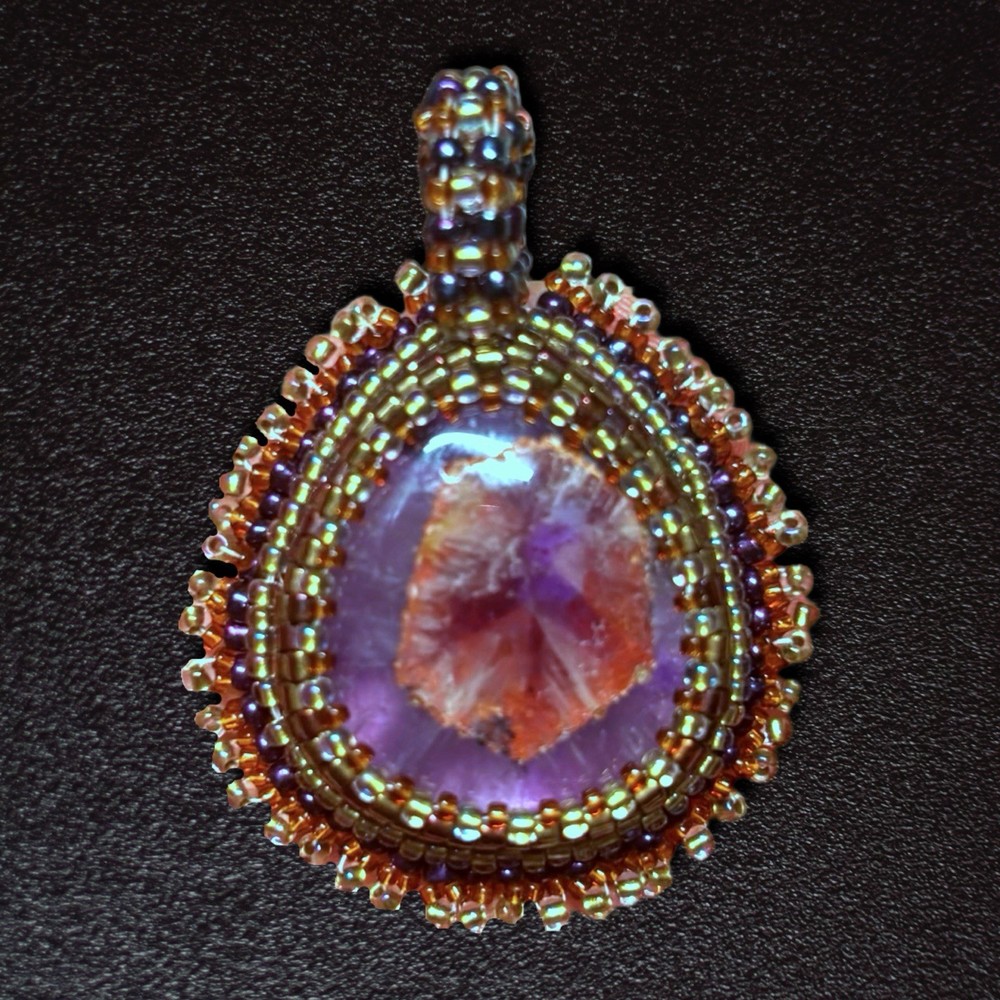 Handmade Bead-Embroidered Amethyst & Hematite Pendant
