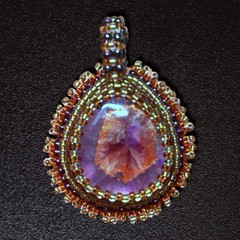 Handmade Bead-Embroidered Amethyst & Hematite Pendant