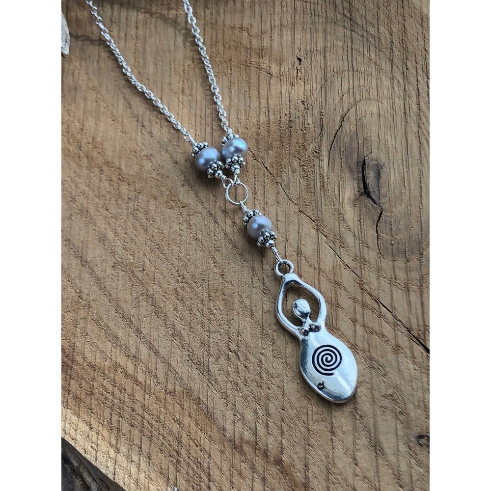 Silver Goddess Pendant Necklace: Pewter Charm with Freshwater Pearls
