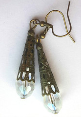 CLEAR FACETED CRYSTAL teardrop earring BRONZE FILIGREE handcrafted XBAA