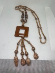 Handmade Boho Statement Necklace Brown Geometric Pendant Wooden Bead Natural Sty