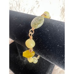 Artisan Glass Stone Bead Bracelet Olive Green Yellow Copper Wire Wrapped 7.5″