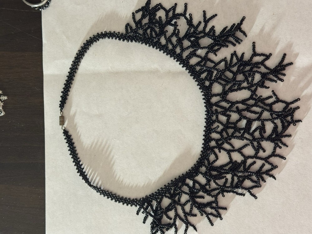 Handcrafted Black Glass Beaded Statement Necklace, Nature Theme, 18in