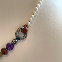 Jes Maharry Necklace Sundance Pearl Strand Gemstones Sterling 925 Angel Charm
