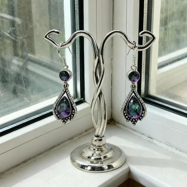 Handmade Mystic Topaz Dangle Earrings Antique Silver Teardrop Drop Jewelry