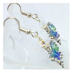 Whimsical Butterfly Crystal Dangle Earrings Artisan Made Feminine Blue Green NEW