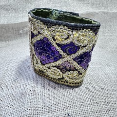 Wide Cuff Bracelet Boho Multicolor Fabric Baroque Embellished Handmade OOAK 6-7