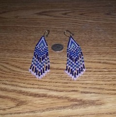 Frosted pink, blue & clear seed beads & blue bugle beaded pierced earrings.