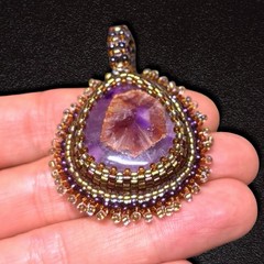 Handmade Bead-Embroidered Amethyst & Hematite Pendant