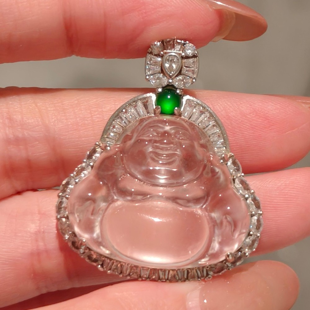 Natural Shui Mo Quartz Jade Buddha Pendant 925 Sterling Silver Moissanite