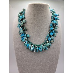 Faux Turquoise Stone Choker Necklace Blue/Green Seed Bead 925 Clasp Southwestern