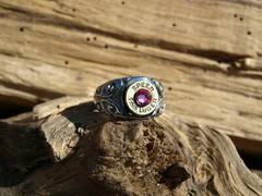 Scroll Design Stainless Steel BULLET Ring -BRASS 9 mm Bullet. Optional Crystal.