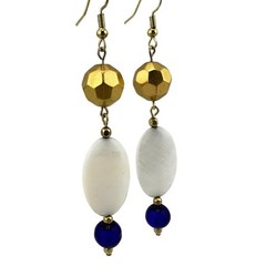 Vintage Upcycled Handmade MOP Blue Glass Gold Tone Bead Dangle Drop 3″ Earrings