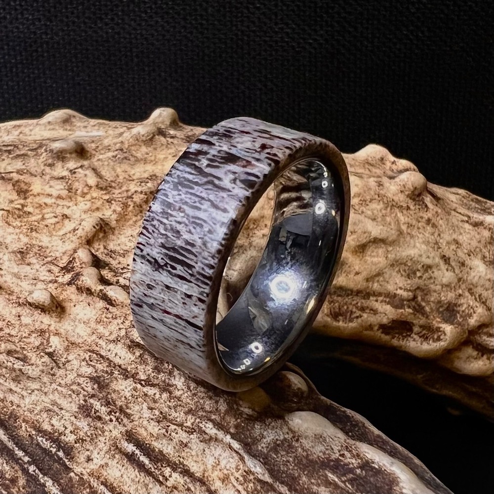 Genuine Deer Antler Ring Band Silver Tungsten Carbide 8mm Comfort Fit Ships Fast
