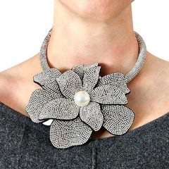 Pearl Centered Rhinestone-Encrusted Flower Pendant + Matching Crystal Choker
