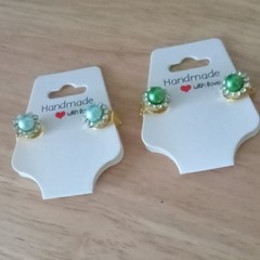 Handcrafted Gold Tone Round Clip On Earrings Green Butterfly Back Women’s Lobe