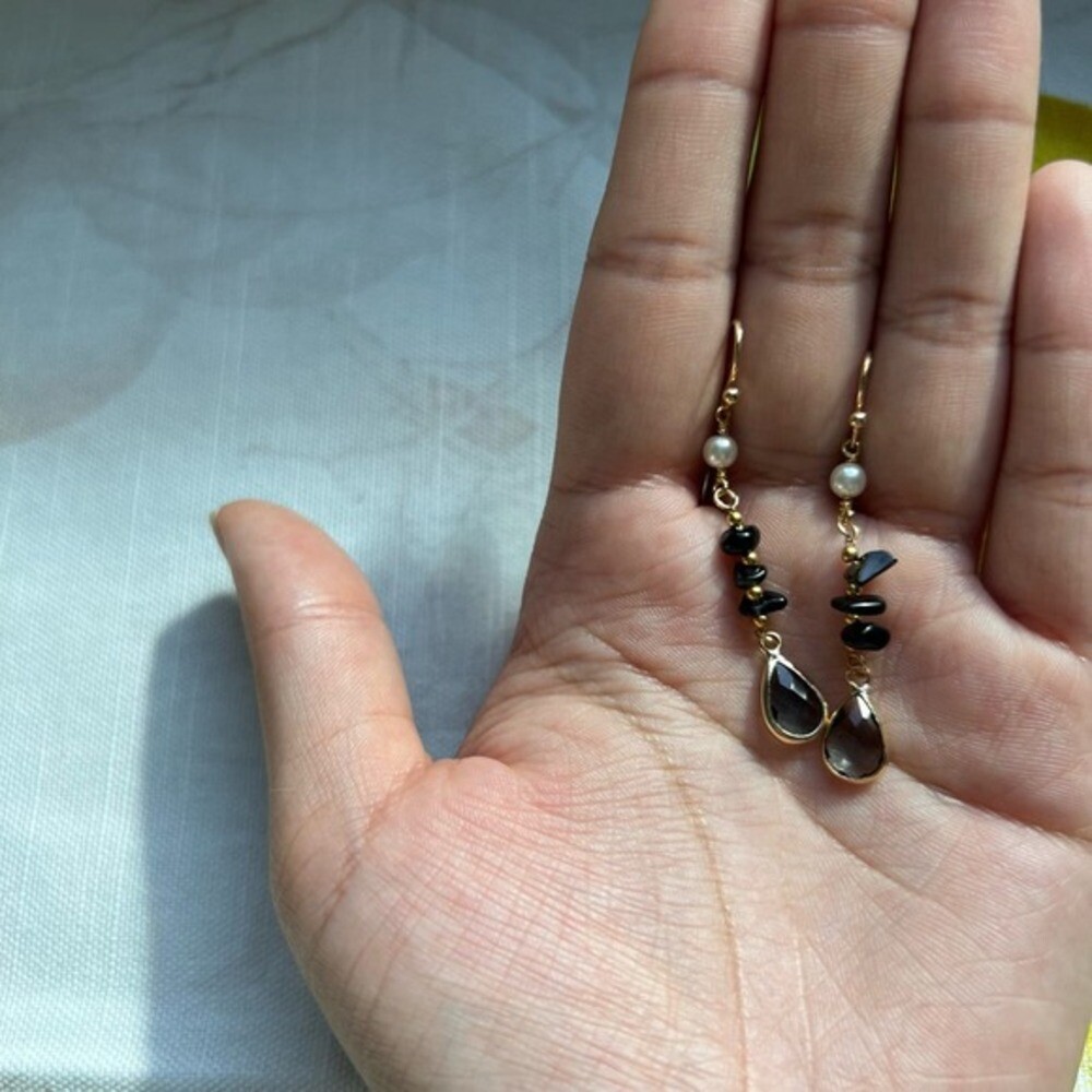 Black Onyx Pearl Earrings, Tourmaline Gray Crystals, Edgy, Minimalist, Casual