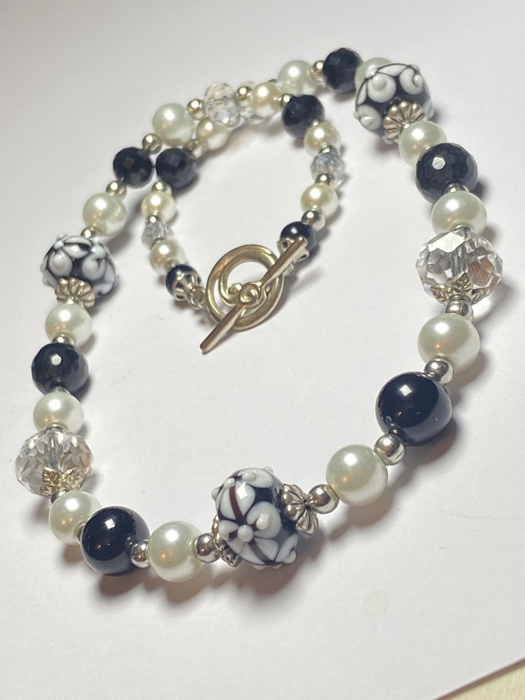 Artisan Ooak Art Deco Lampwork Glass Jewelry Black & White Necklace #8 Classic