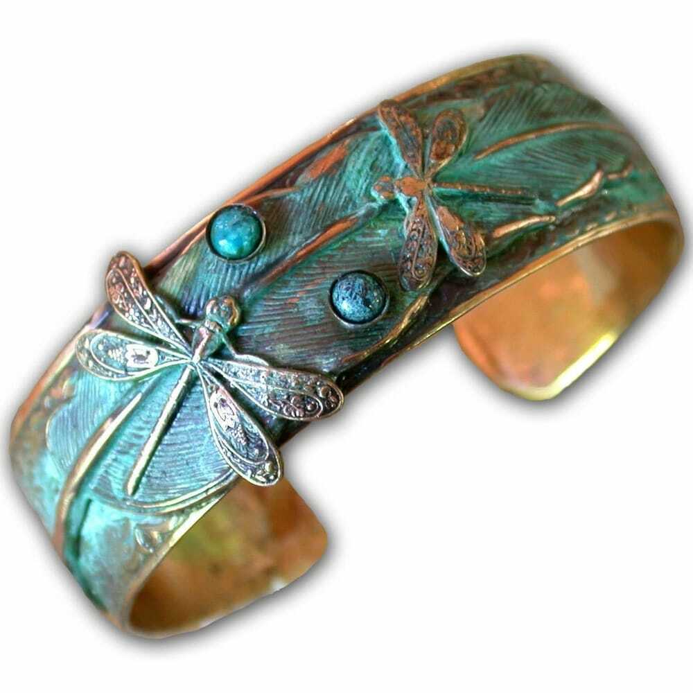 Handmade Patina Dragonflies Cuff Bracelet Brass Turquoise Adjustable 1″ Wide