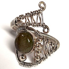 Huge Labradorite Cabochon In Silver Wire Wrap Bypass Statement Ring 7.25