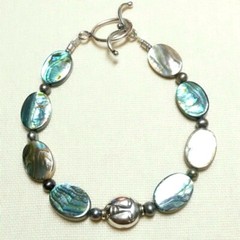 ABALONE PAUA, FRESHWATER PEARL, BUDDHA STERLING SILVER TOGGLE BRACELET