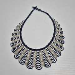 Artisan 18″ Scallop Iridescent Blue Silver Glass Seed Bead Collar Bib Necklace
