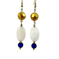 Vintage Upcycled Handmade MOP Blue Glass Gold Tone Bead Dangle Drop 3″ Earrings