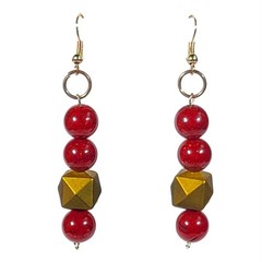 Handmade Dark Red Gold Tone Linear Drop Beaded Earrings Boho Chic Statement Gift