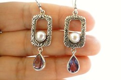 White Mabe Pearl Purple Amethyst Drop Ornate 925 Sterling Silver Earrings