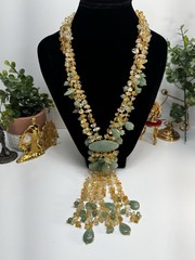 Natural Aventurine & Citrine Gemstone Cascade Necklace 30″ Statement Jewelry