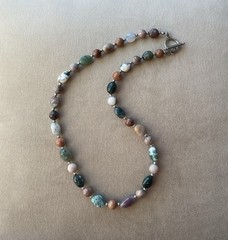 INDIAN AGATE NUGGETS & PETRIFIED WOOD Unisex Necklace 19.5” Stainless Toggle