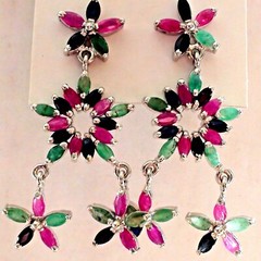 34.92 CT EMERALD,SAPPHIRE EARRINGS 925 SILVER,VINTAGE FINE ESTATE JEWELRY.
