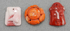 HAND CARVED CORAL PENDANTS SET of 3 RED SALMON PINK CORAL PENDANTS 1″
