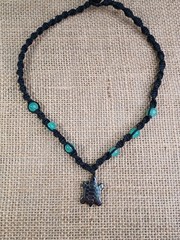 New Black Hemp Necklace W/ Hematite Turtle Charm & Teal Beads 17 in Macrame