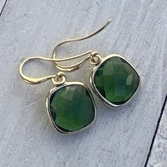 Min Favorit Bezel Set Square Green Crystal & Gold Pl Artisan Drop Earrings