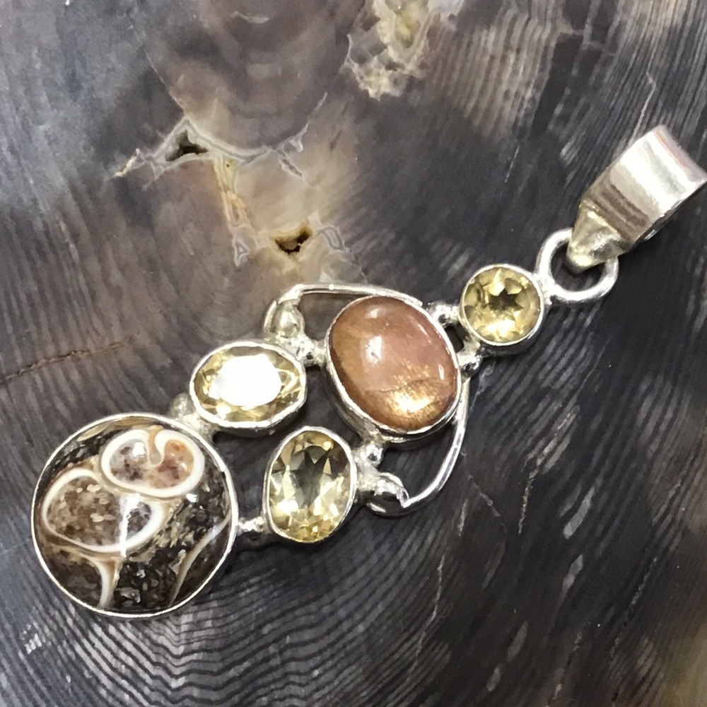 Turritella Agate, Sunstone & Citrine Pendant
