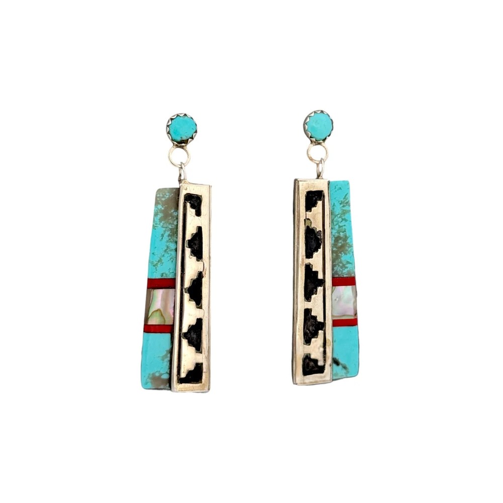 Eddie Johnson, Earrings, Multi-Stone, Sterling Silver, Navajo, 2 1/4″