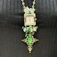 Adorned Crown Jewelry assemblage crystal glass bead watch cross green necklace