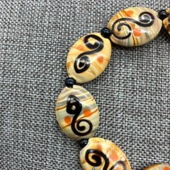 Lampwork Handmade Glass Bracelet Stretch Beige Orange Black S Swirl Beads