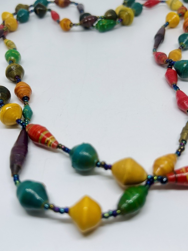 One Of A Kind Colorful Uganda Artist Made Recycled Paper Beads Necklace 46” Long