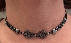Stretchy, Dainty Black Spinel and Red Glass Beaded Choker With Metal Stations.
