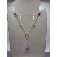 Handmade Necklace Gold Toned Purple Faux Pearl Bow Lariat Heart Y-Shape