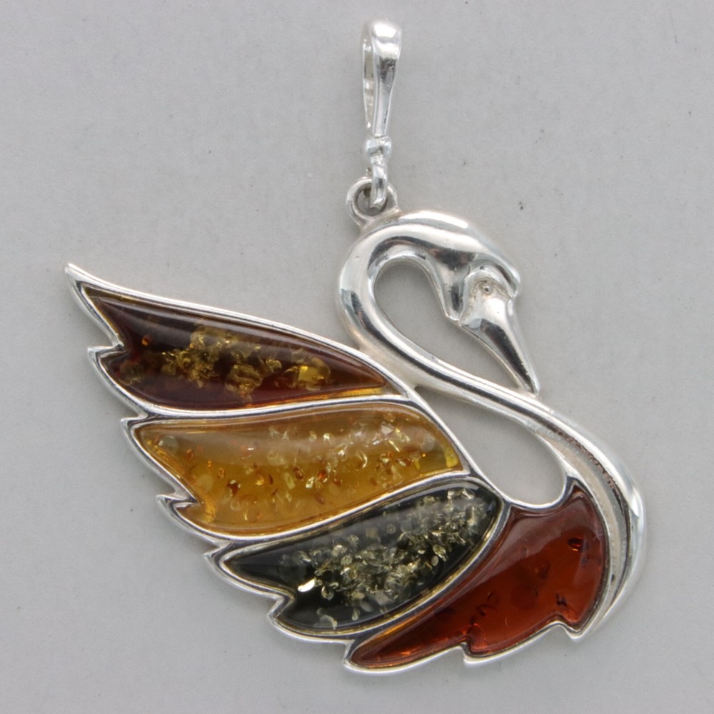 Multi-Color BALTIC AMBER Swan Pendant – 925 STERLING SILVER Poland #5614e
