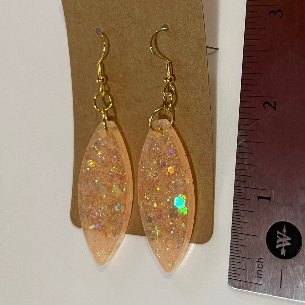 Handmade epoxy resin marquis shape dangle earrings-peach w/ holographic glitter