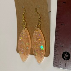 Handmade epoxy resin marquis shape dangle earrings-peach w/ holographic glitter