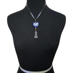 Blue Murano Style Glass Heart Pendant Necklace With Beaded Y Drop Tassels, EUC