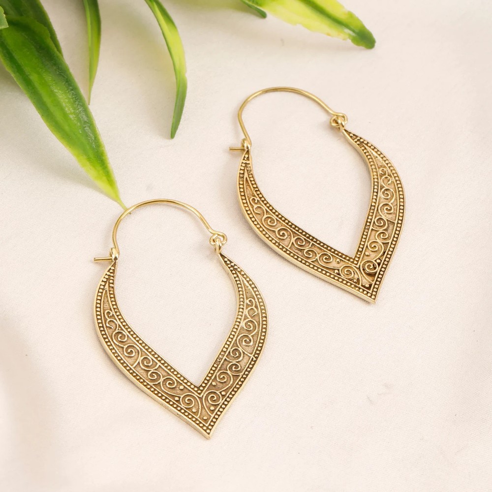 Handmade Brass Hoop Earrings | Ethnic Floral Scrollwork, gold plated