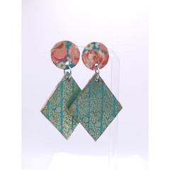 Teal Gold Floral Wood Drop Earrings, Pink Floral Stud Top Boho Statement Dangles