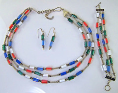 Artisan Sterling Silver Necklace Bracelet Earrings Red White Blue Green Beads